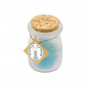 Vela aromática azul con tapa de corcho y tarjeta personalizada para Comunión de niña