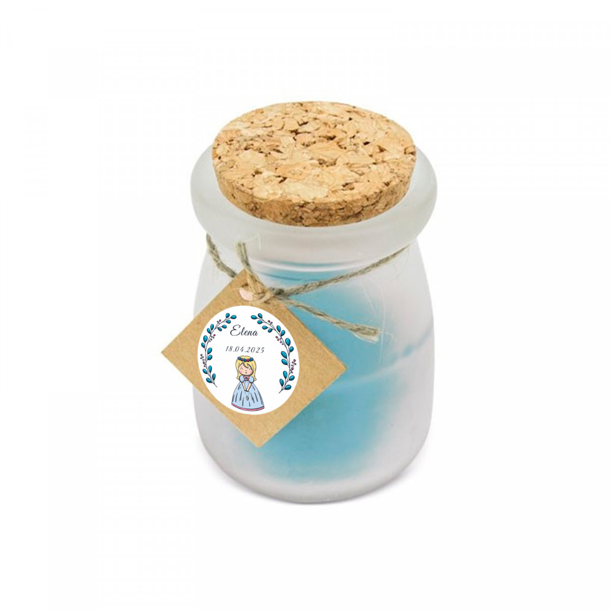 Vela aromática azul con tapa de corcho y tarjeta personalizada para Comunión de niña