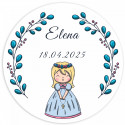 Vela aromática azul con tapa de corcho y tarjeta personalizada para Comunión de niña