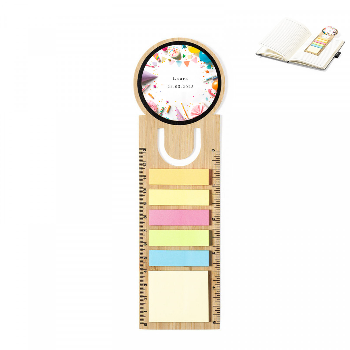 Marcapáginas personalizado con notas adhesivas y regla