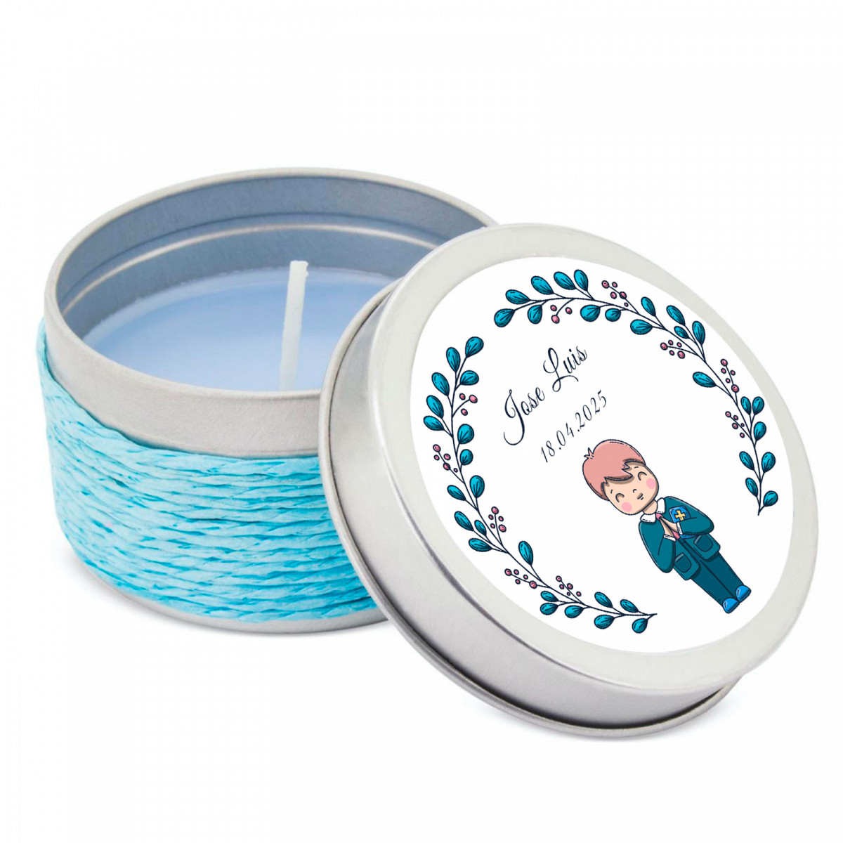 Vela aromática en lata metálica con cuerda personalizada para primera comunión niño