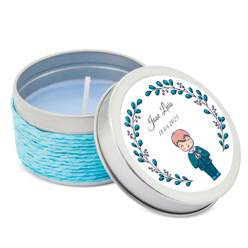 Vela aromática en lata metálica con cuerda personalizada para primera comunión niño