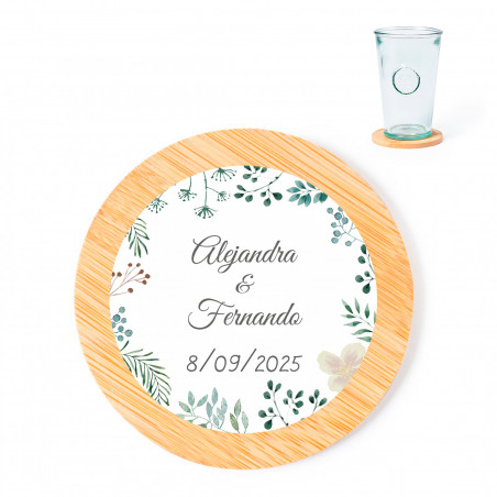 Posavasos de bambú con adhesivo floral para detalles