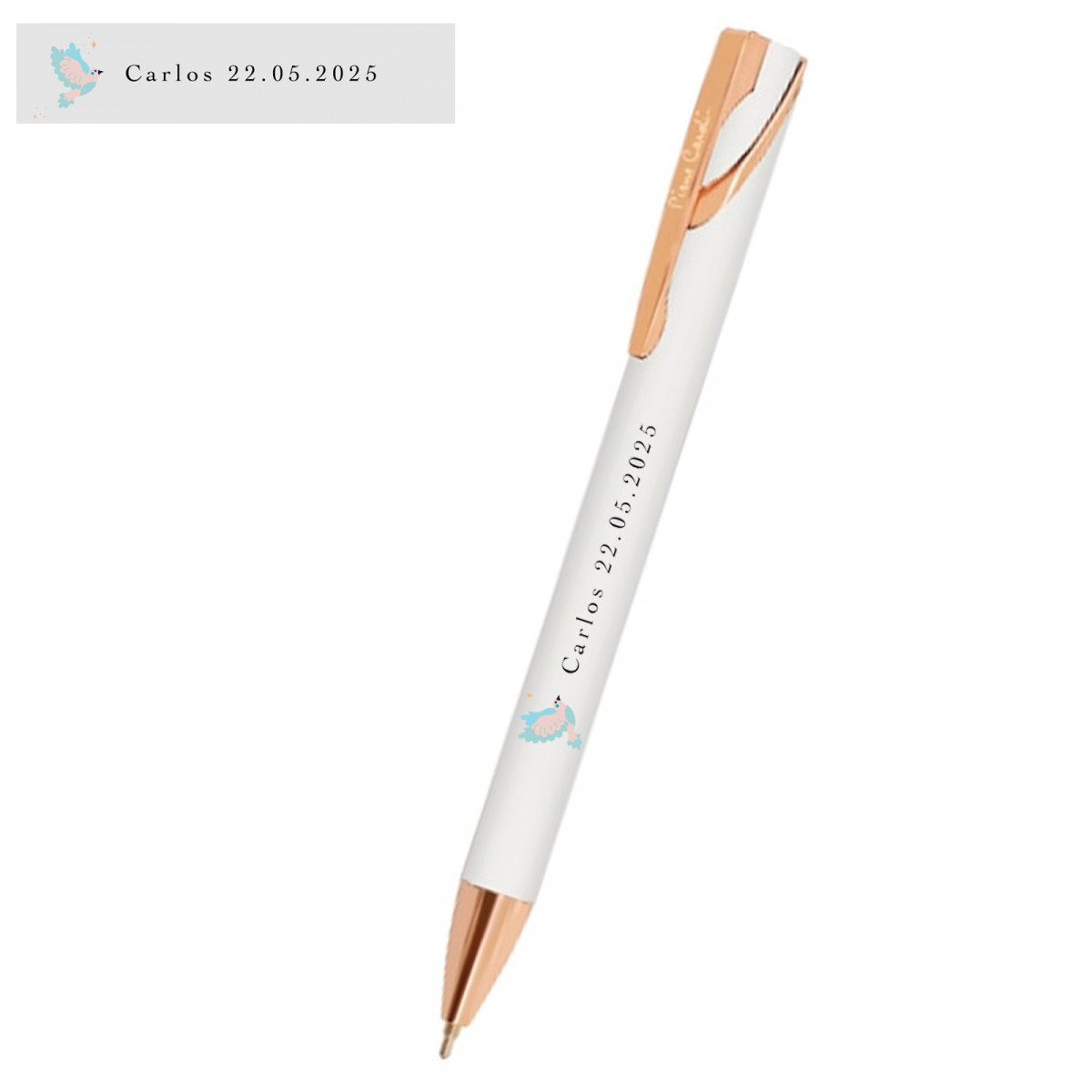 Bolígrafo de Pierre Cardin blanco con adhesivo personalizado para detalles de invitados