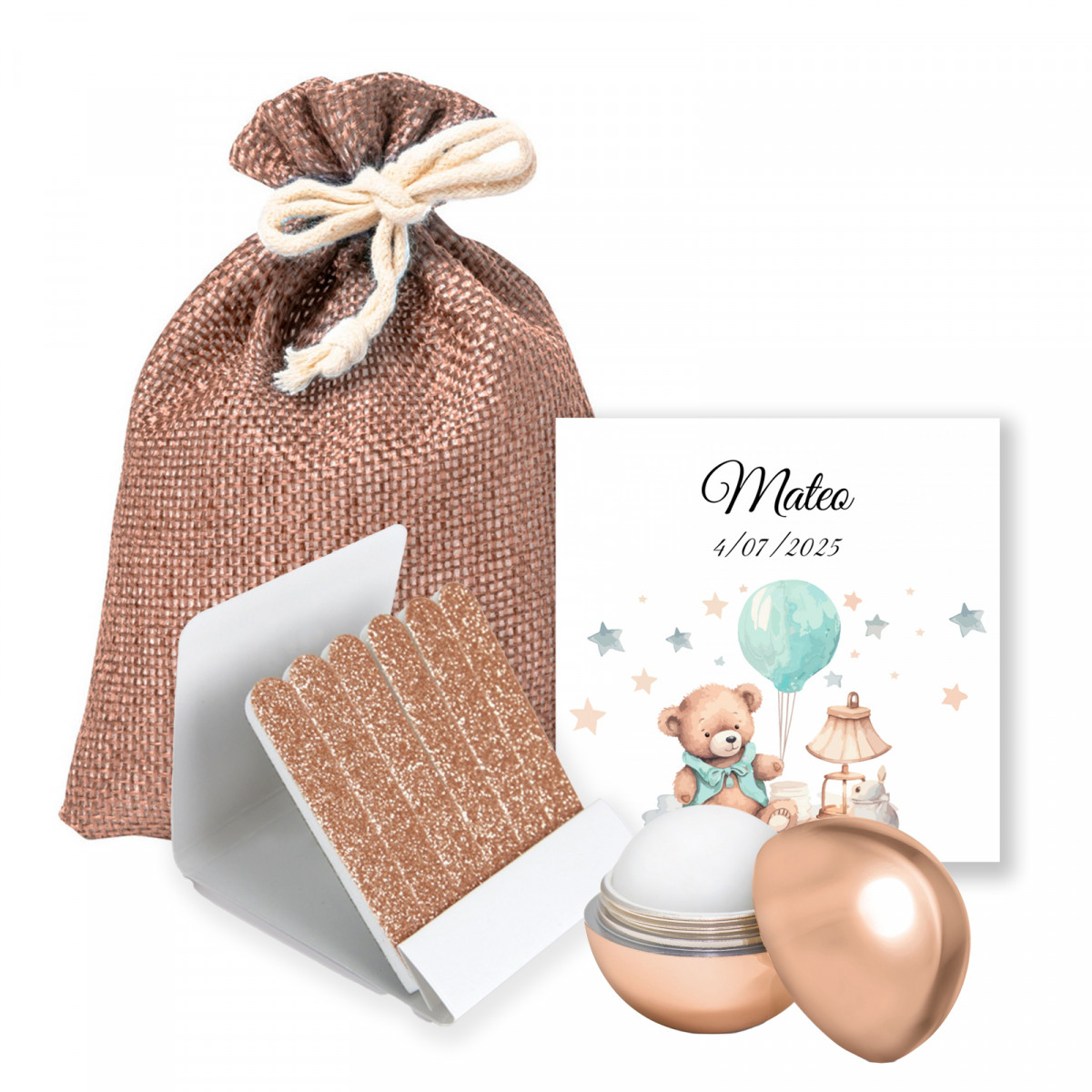 Bálsamo labial y limas con tarjeta recordatorio personalizable detalle de Bautizo