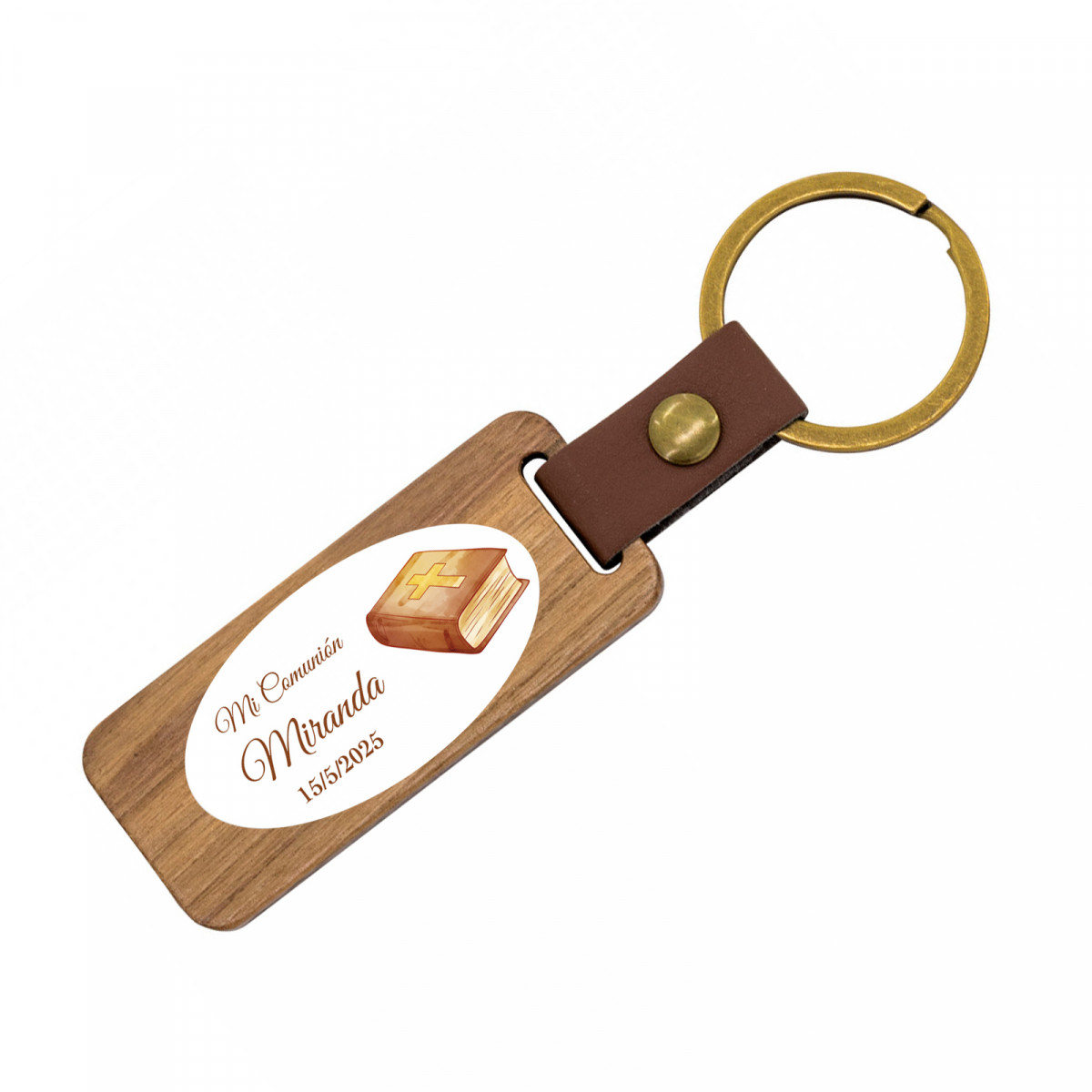Llavero de madera con adhesivo personalizado para detalle de Comunión
