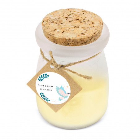 Vela aromática de coco con etiqueta personalizada paloma para detalle de invitados