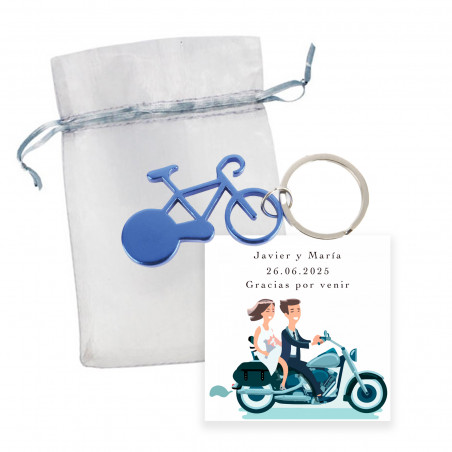 Llavero con forma de bicicleta azul y tarjeta recordatorio de novios divertida para Bodas