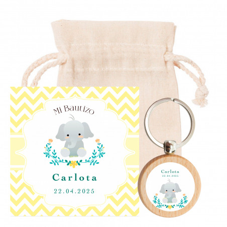 Llavero de madera con adhesivo y tarjeta de recuerdo personalizable en bolsa de algodón para bautizo unisex