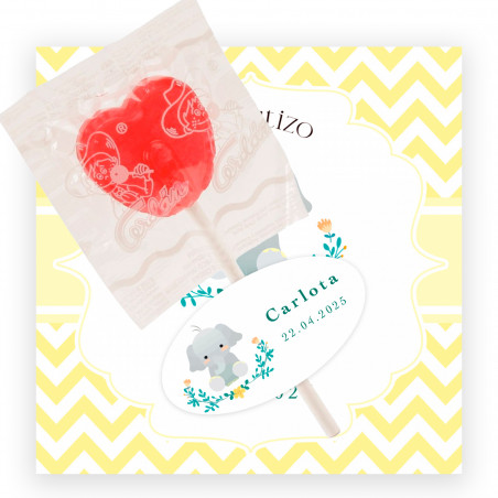 Tarjeta recordatorio personalizable con piruleta y adhesivo ovalado para detalles bautizos unisex