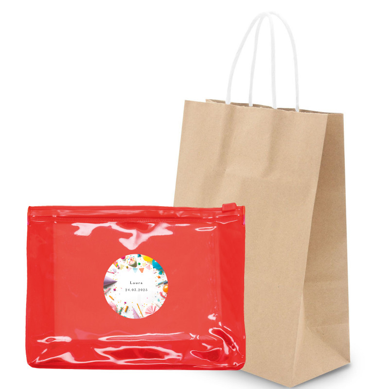 Neceser rojo transparente con adhesivo de cumpleaños y bolsa