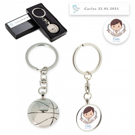 Llavero de metal diseño baloncesto y adhesivo de niño de Comunión en estuche personalizado
