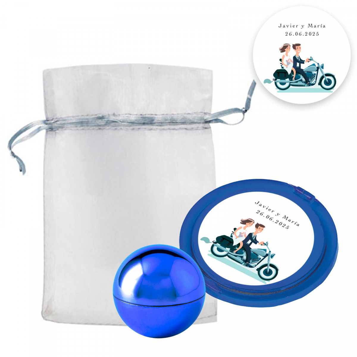 Brillo labial azul y espejo personalizado en bolsa de organza para detalles de Boda