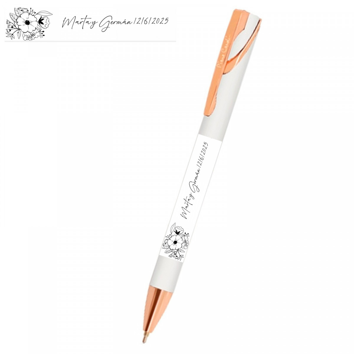 Bolígrafo de pierre cardin blanco con adhesivo personalizado detalle floral para invitados