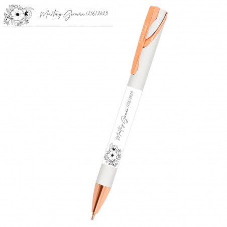 Bolígrafo de pierre cardin blanco con adhesivo personalizado detalle floral para invitados