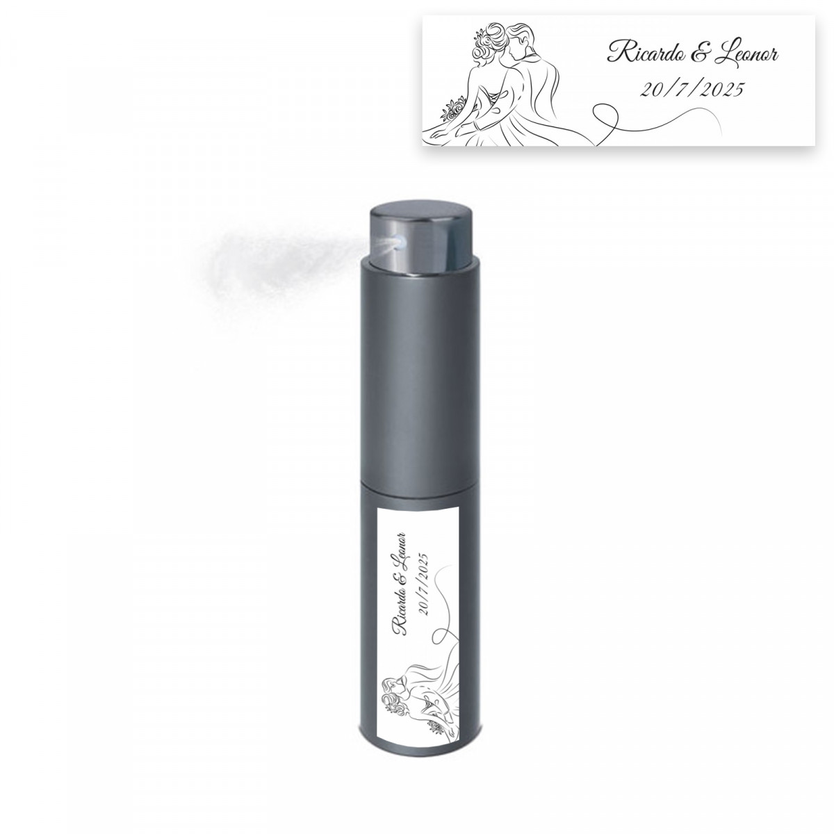Perfumador compacto color plomo con adhesivo personalizado para de boda