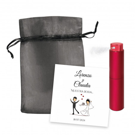 Perfumador compacto rojo con tarjeta personalizada y bolsa de organza para bodas