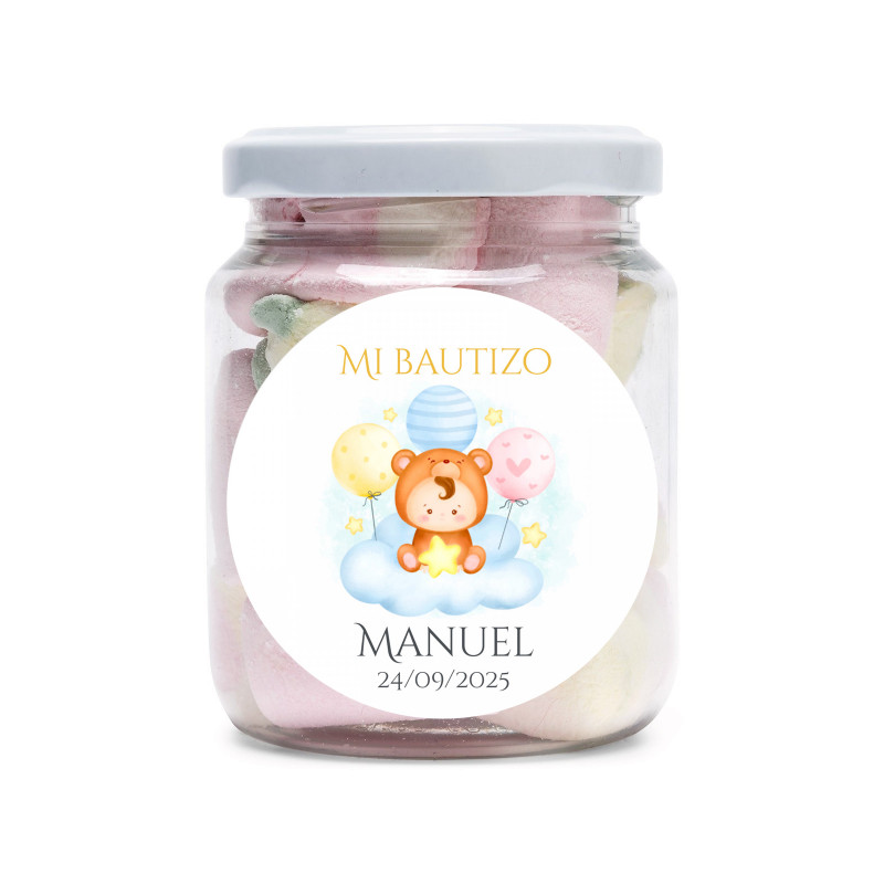 Tarro relleno de nubes dulces personalizado con adhesivo de Bautizo