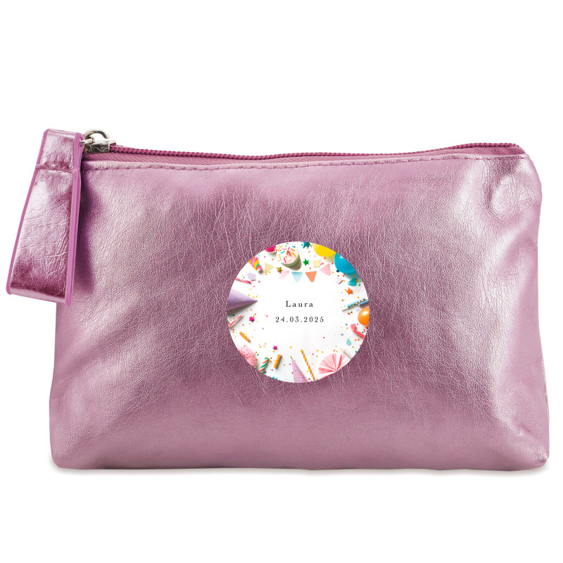 Neceser rosa con adhesivo personalizado de cumpleaños