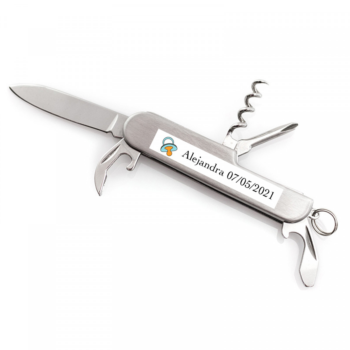 Navaja multiusos de acero personalizada con adhesivo de bautizo