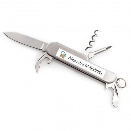 Navaja multiusos de acero personalizada con adhesivo de bautizo