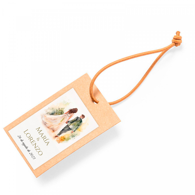 Etiqueta colgante con adhesivo 3x5 cm novios para decoración detalles boda