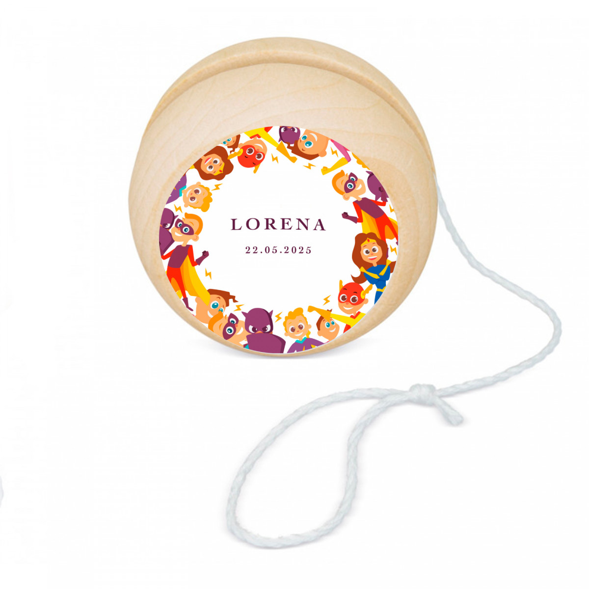 Yoyo de madera con adhesivo superhéroes para regalar