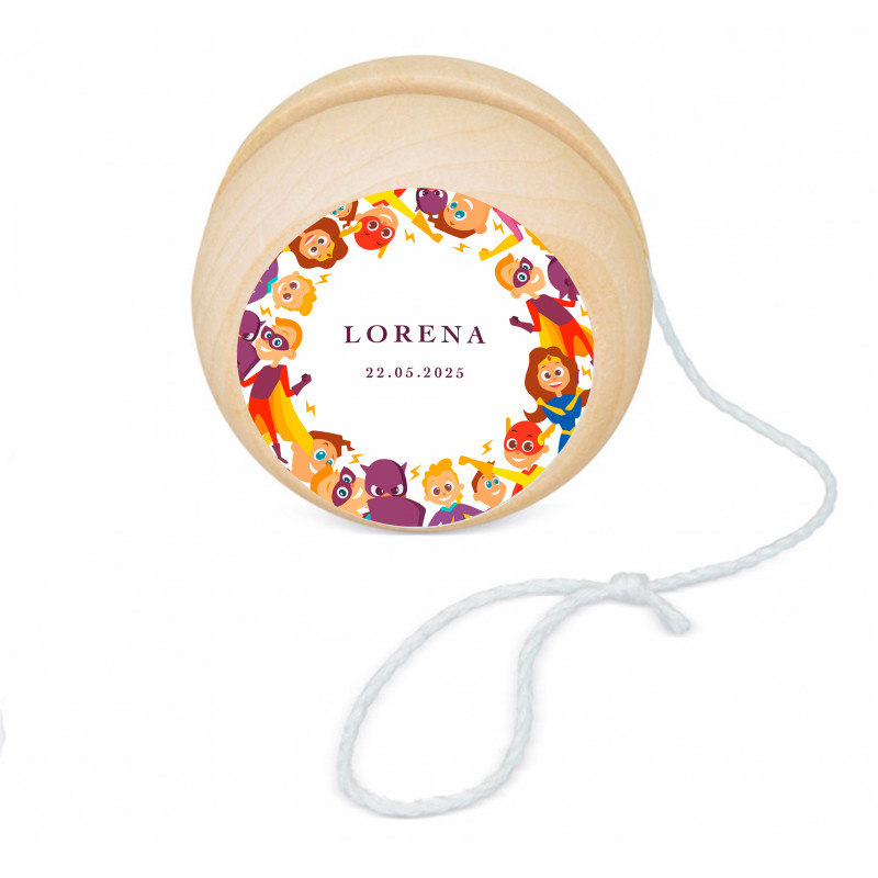 Yoyo de madera con adhesivo superhéroes para regalar
