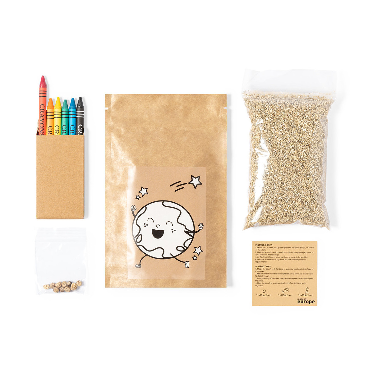 Maceta para colorear con semillas y ceras de colores para detalles originales