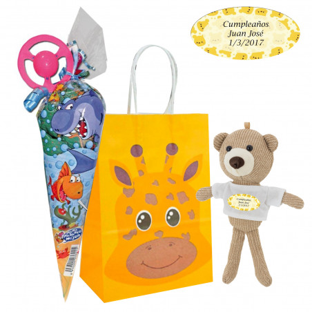 Osito de peluche personalizado con cono de chuches en bolsa de papel infantil para cumpleaños