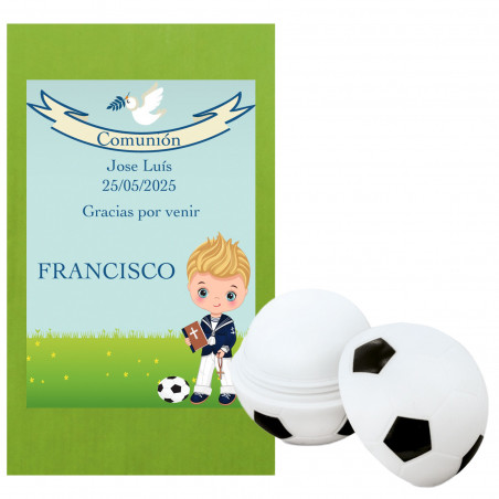 Bálsamo labial diseño fútbol con sobre verde y adhesivo de comunión