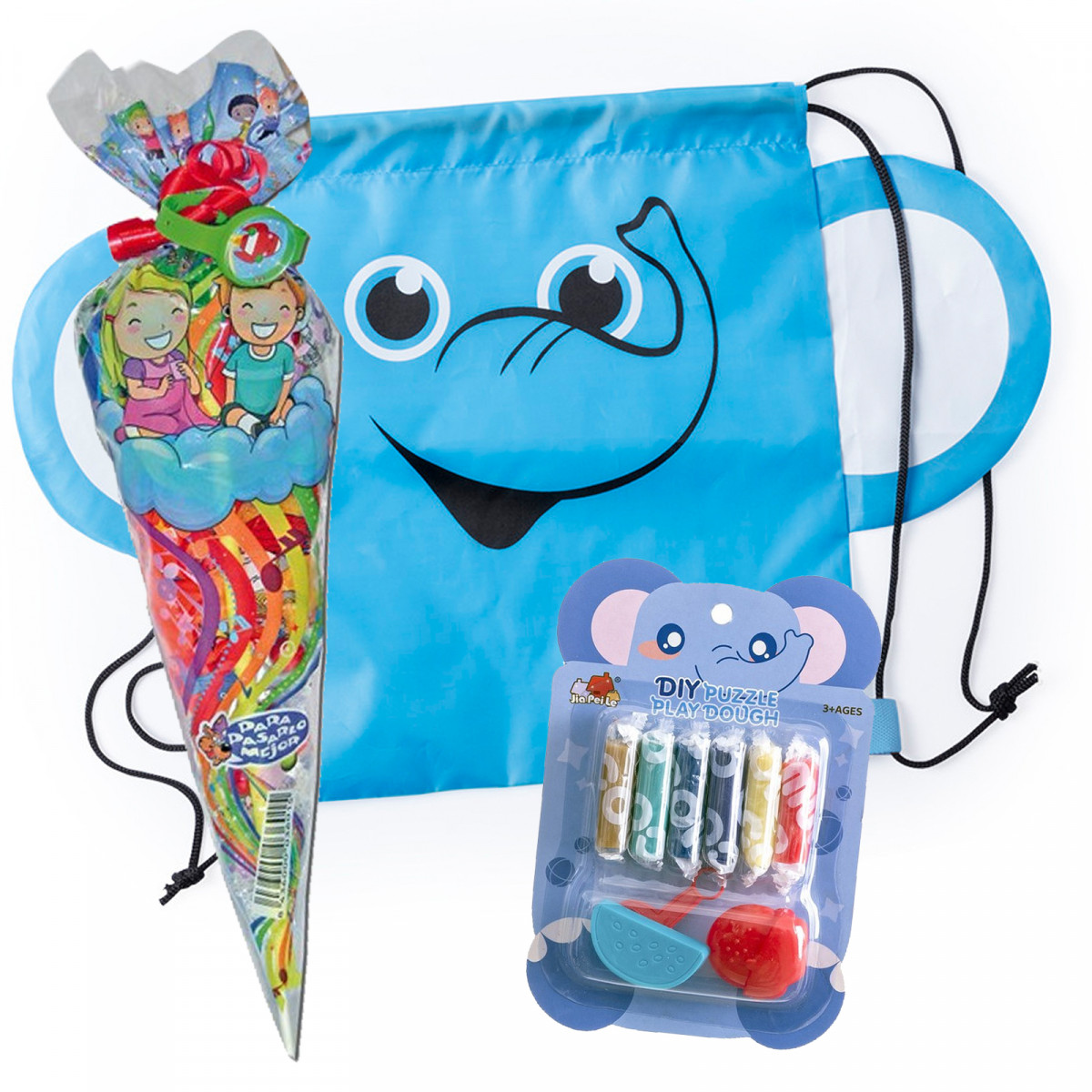 Plastilina de colores con herramientas diseño de elefante mochila infantil y bolsa de chuches