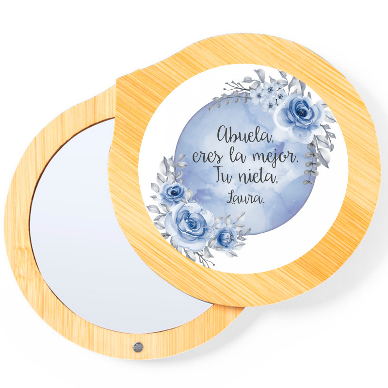 Espejo de bolsillo con tapa de bambú y adhesivo personalizable para detalles especiales