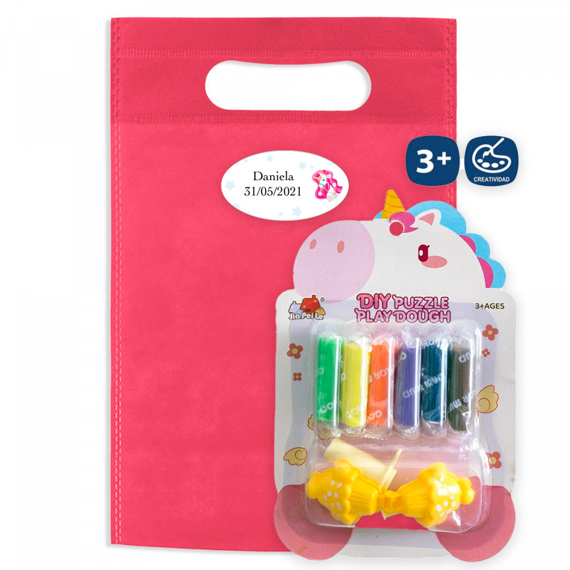 Plastilina de colores diseño unicornio en bolsa fucsia con adhesivo personalizable para detalles