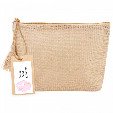 Neceser de yute con borla y etiqueta colgante con adhesivo bautizo rosa para regalos