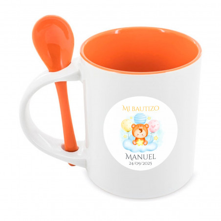 Taza con cuchara y adhesivo personalizable para detalles de bautizo