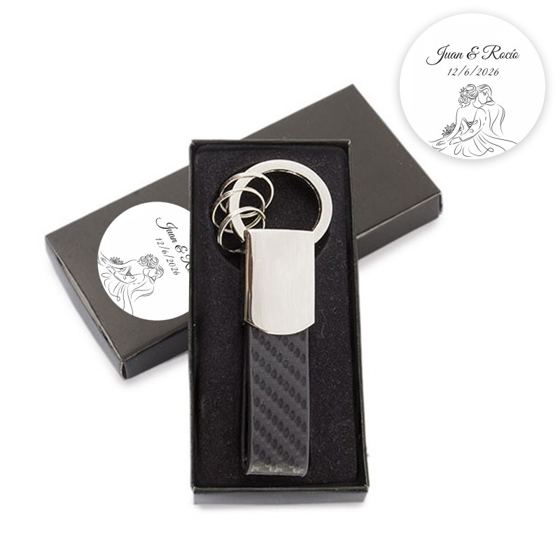 Llavero elegante en caja de presentación personalizada para detalle de boda