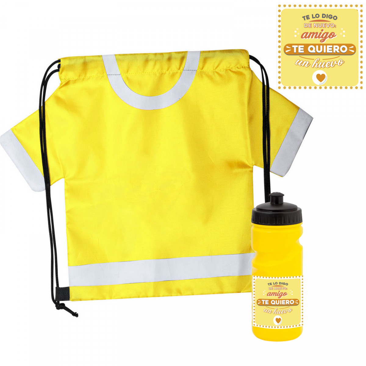 Mochila saco en forma de camiseta y bidón amarillo para bebida con adhesivo para amigos