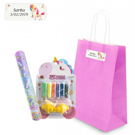 Set de plastilina y pulsera de unicornios en bolsa rosa personalizada con adhesivo
