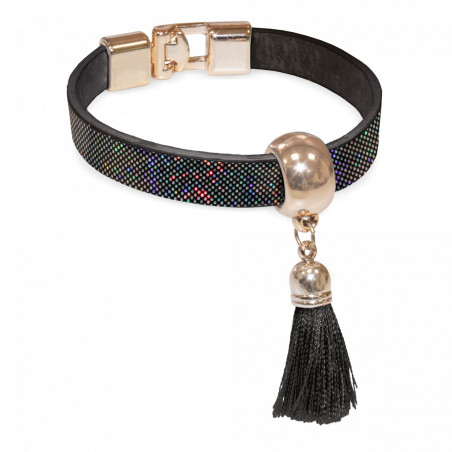 Pulsera negra con borla y bombón metalizado en estuche de presentación con adhesivo para bodas