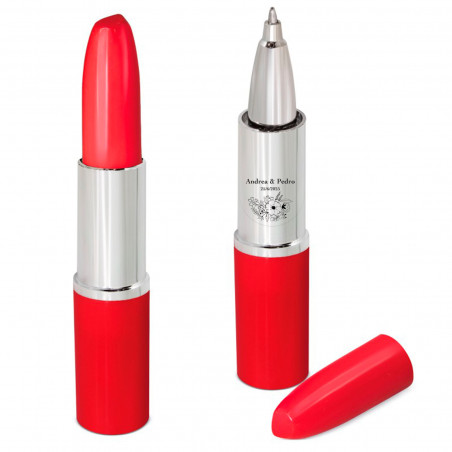 Bolígrafo diseño pintalabios rojo con adhesivo flores para detalles de invitados