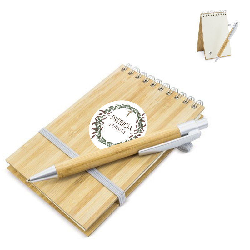 Libreta personalizada para comunión con bolígrafo de bambú