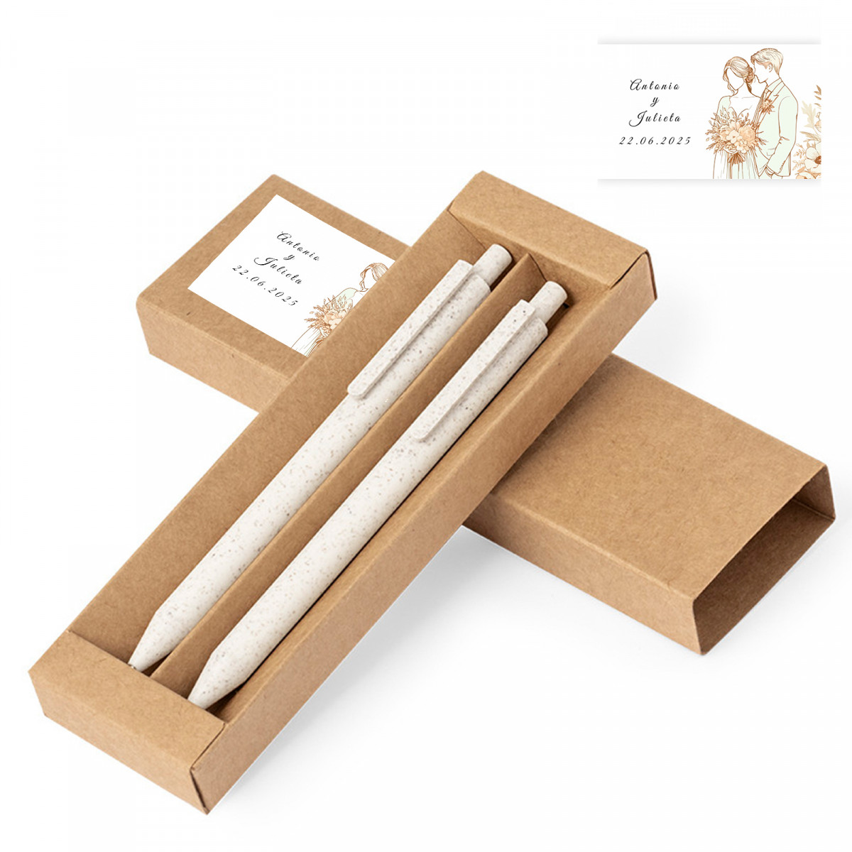 Bolígrafo y portaminas eco con adhesivo novios personalizable para detalles invitados