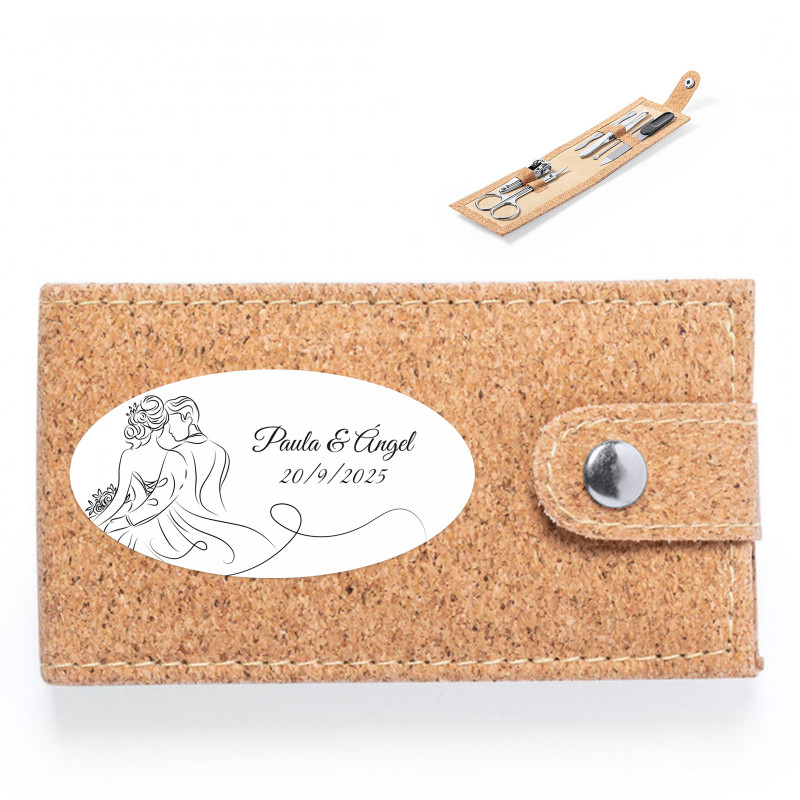 Estuche con herramientas de manicura y adhesivo novios lineal personalizable para detalles boda