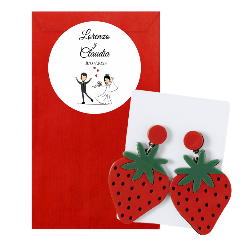 Pendientes forma de fresa en sobre rojo personalizado con adhesivo de bodas divertido