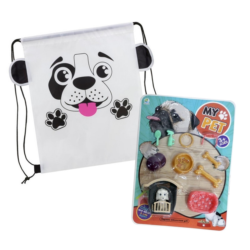 Set perro de juguete con accesorios caseta y mochila saco