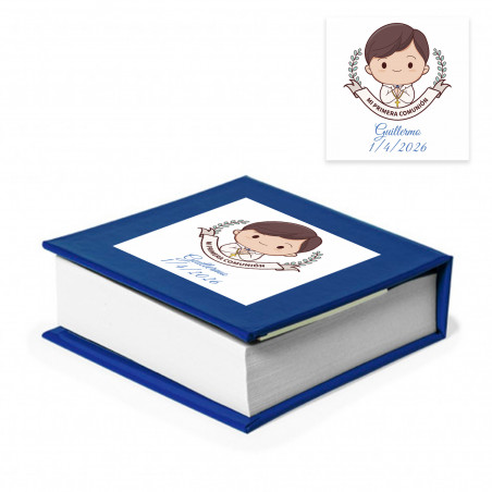 Portanotas tapa azul personalizado con adhesivo de comunión niño