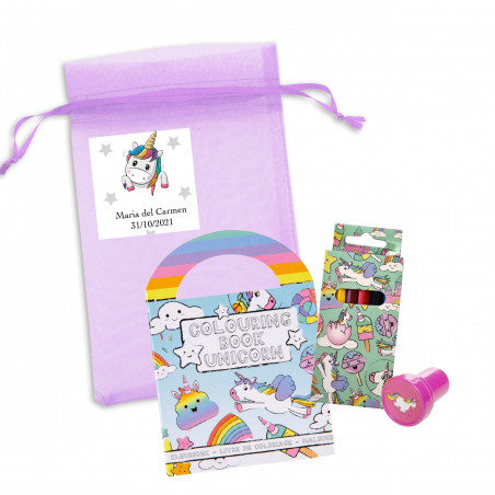 Libro de colorear con pegatinas caja de lápices y sello de unicornio en bolsa de organza con adhesivo para detalle infantil