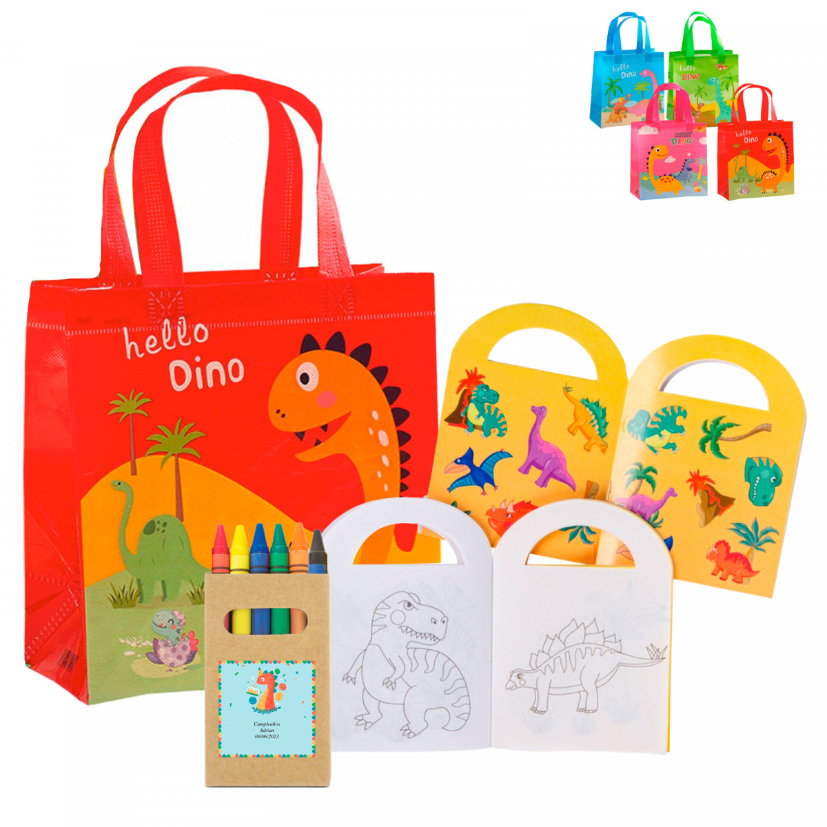 Libro para colorear con ceras personalizadas en bolsa diseño dinosaurios para detalles infantiles