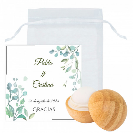 Bálsamo labial de bambú con tarjeta recordatorio personalizable en bolsa de organza para regalar